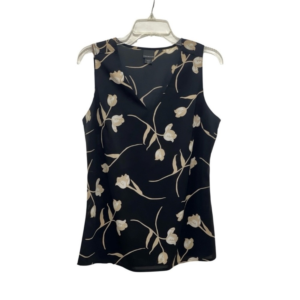 Black and Beige Floral Sleeveless Blouse – Size M (COVINGTON)